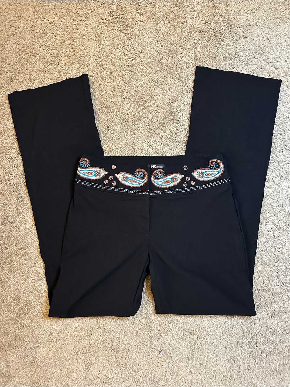 INC International Concepts Black Stretch Pants with Embroidered Waist